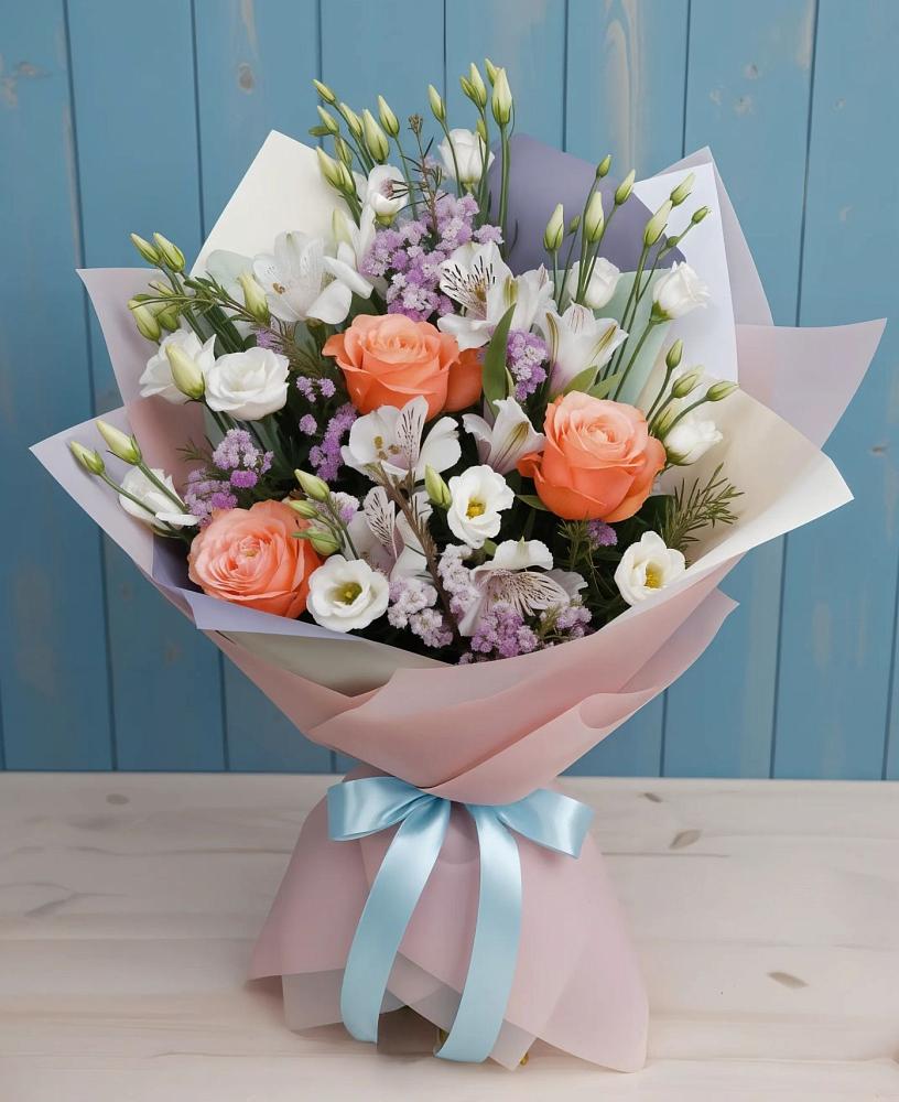 Букет Утренняя свежесть в Шексне Букет цветов из: Лизиантусы, Розы, Альстромерии и Гипсофила в Шексне