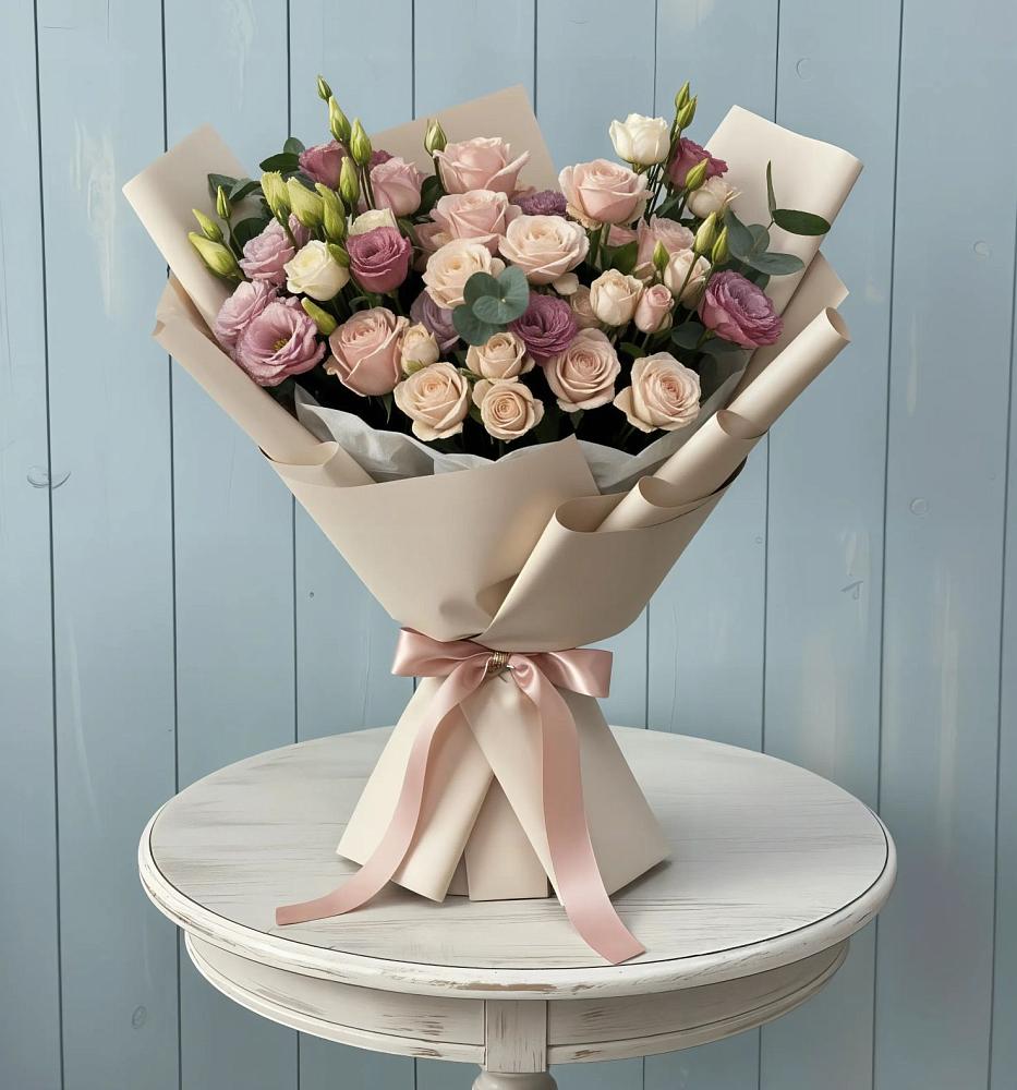 Букет бодрость в Шексне Букет цветов из: Розы и Лизиантусы в Шексне