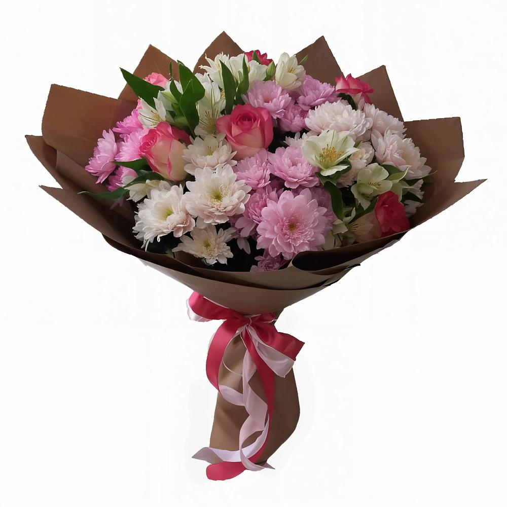 Букет Розовое очарование в Шексне Букет цветов из: Хризантемы, Альстромерии и Розы в Шексне